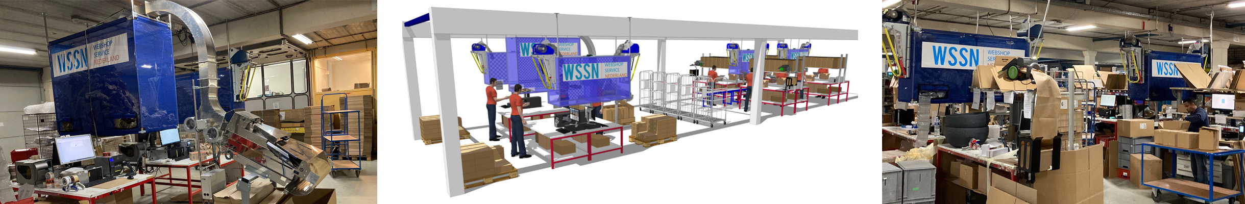3D render of a hybrid packaging system with air cushion packaging, paper pads, and paper void fill, designed by Pregis for WSSN (WebShop Service Nederland).