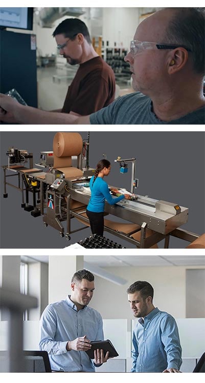 Three separate scenes in a single vertical arrangement: the top image shows two men working in a manufacturing environment, both focused on their tasks while wearing safety goggles. The middle image features a woman operating an industrial machine, handling materials on a conveyor system. The bottom image depicts two men in an office setting discussing something on a digital tablet, both dressed in business-casual attire.