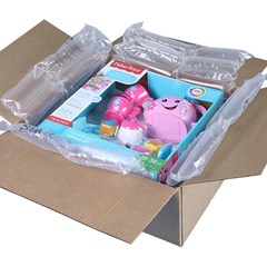 Supertube inflatable packaging being used to secure toys in a box.